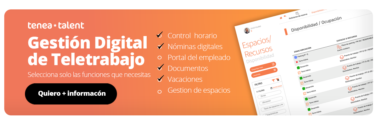 software para teletrabajo: Control horario, nóminas digitales, vacaciones, portal del empleado, documentos, reserva de espacios de oficina