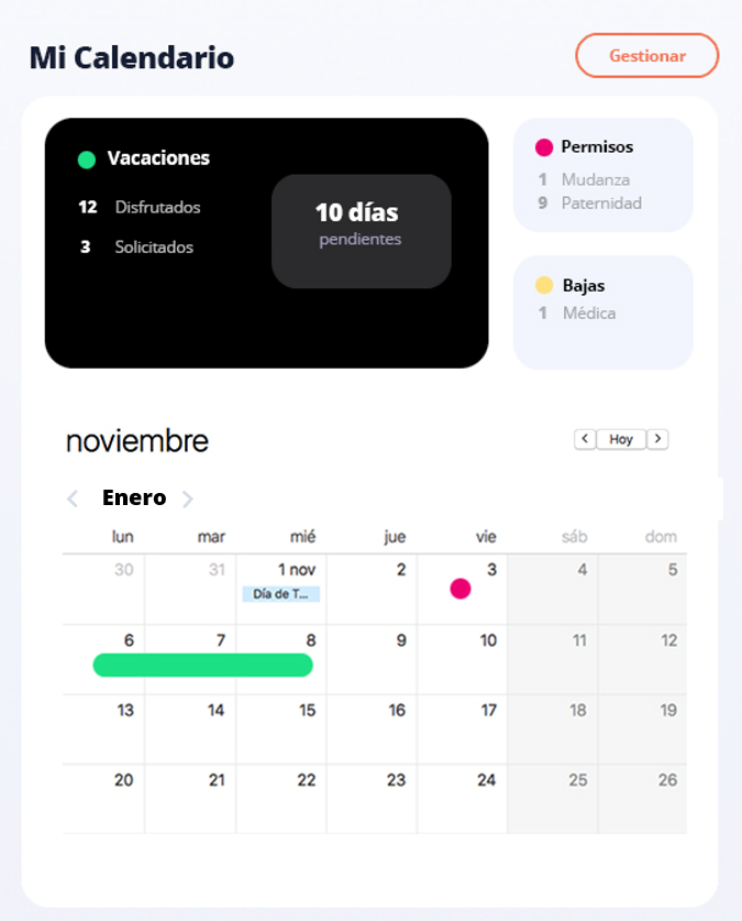 gestión de vacaciones a través del calendario