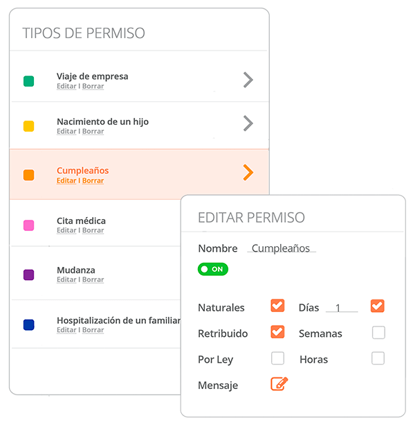 Tipos de permisos y personalización de vacaciones